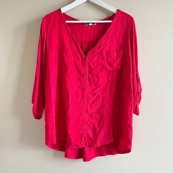 Pleione Women's size S Top  Blouse Red V-neck 3/4 sleeves Button Down Pocket - Picture 1 of 5